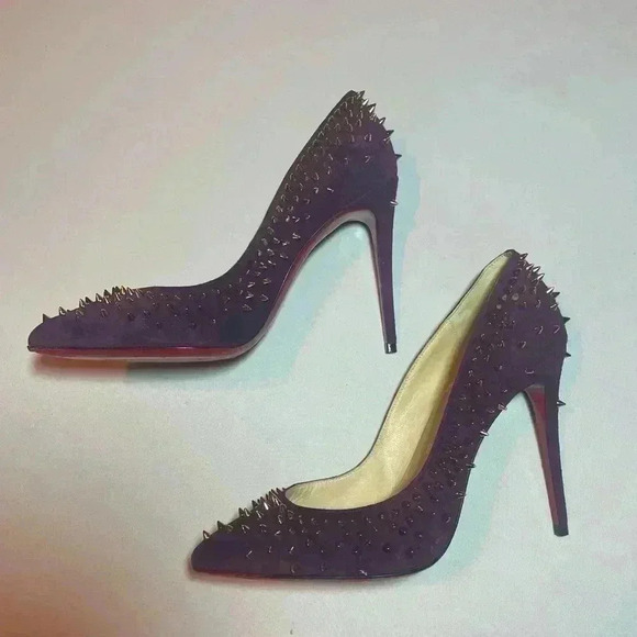 CHRISTIAN LOUBOUTIN Suede Velour Studded Spike Pumps 36 6 100 High Heels Merlot - Picture 4 of 12
